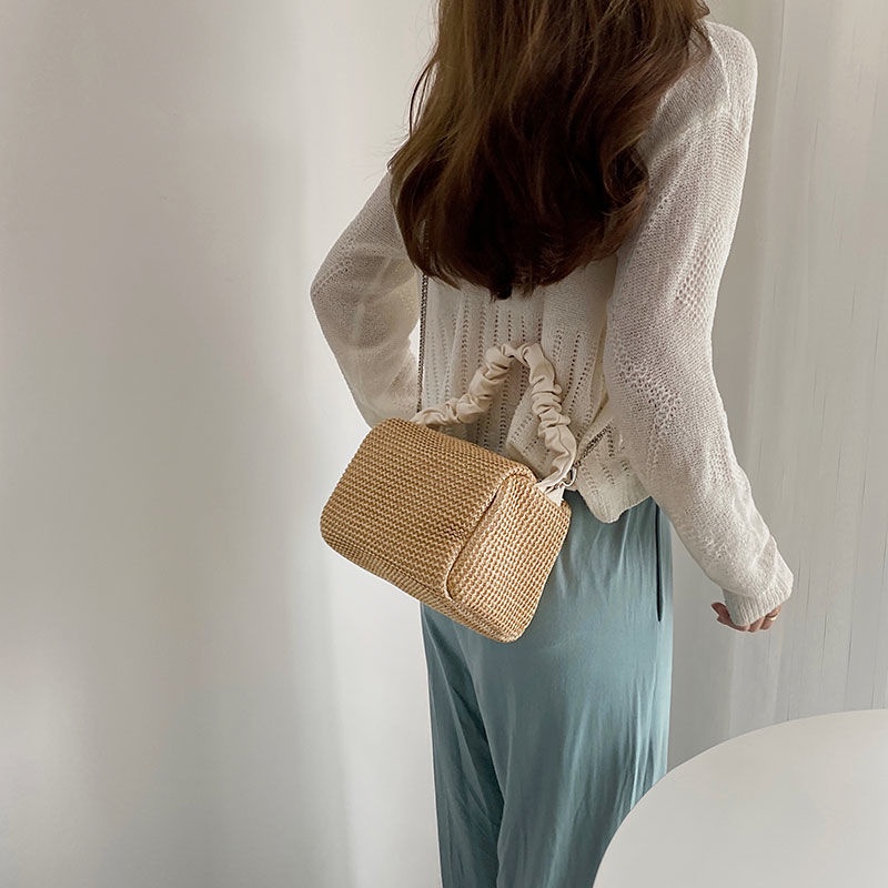 Túi Xách Đan Cói Phối Dây Xích Màu Sắc Tương Phản Phong Cách Thời Trang Pháp Dành Cho Nữ