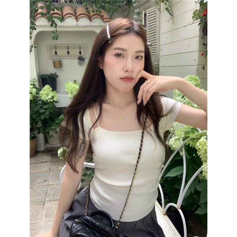 Áo Len Dệt Kim Tay Ngắn Cổ Vuông Thiết Kế Gấp Kèm Đệm Ngực Thời Trang Mùa Hè Hàng Mới Dành Cho Bạn Nữ