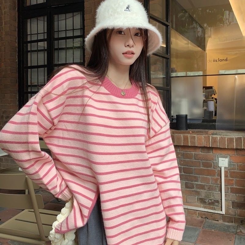 Áo Len Chui Đầu Dáng Rộng Mềm Mại Họa Tiết Kẻ Sọc Xẻ Tà Thời Trang Cho Nữ