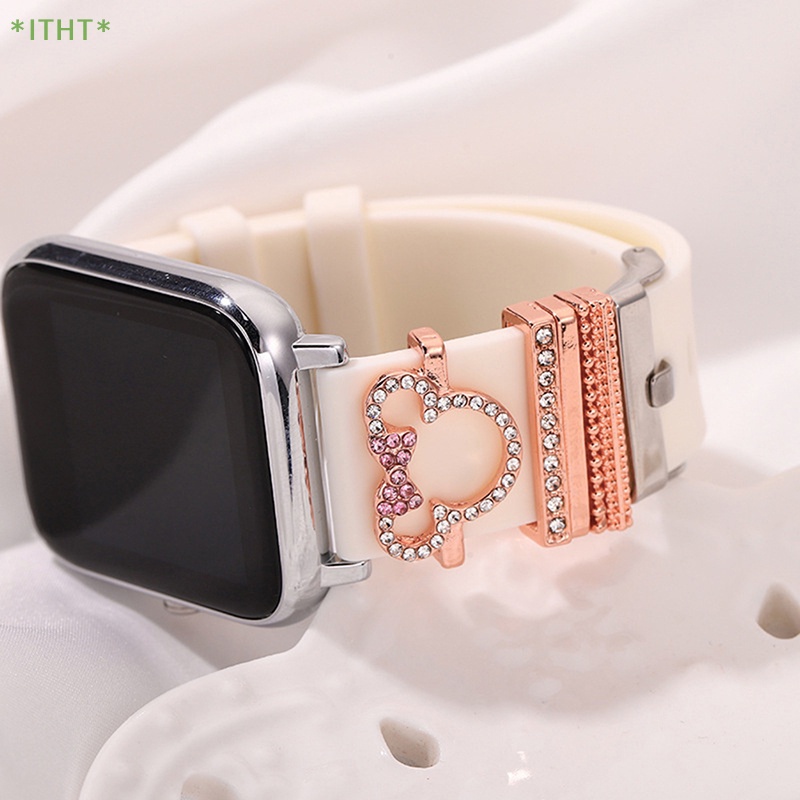1 Bộ Phụ Kiện Trang Trí Dây Đeo Đồng Hồ Apple Watch Hình Hello Kitty Bằng Silicon Dát Kim Cương