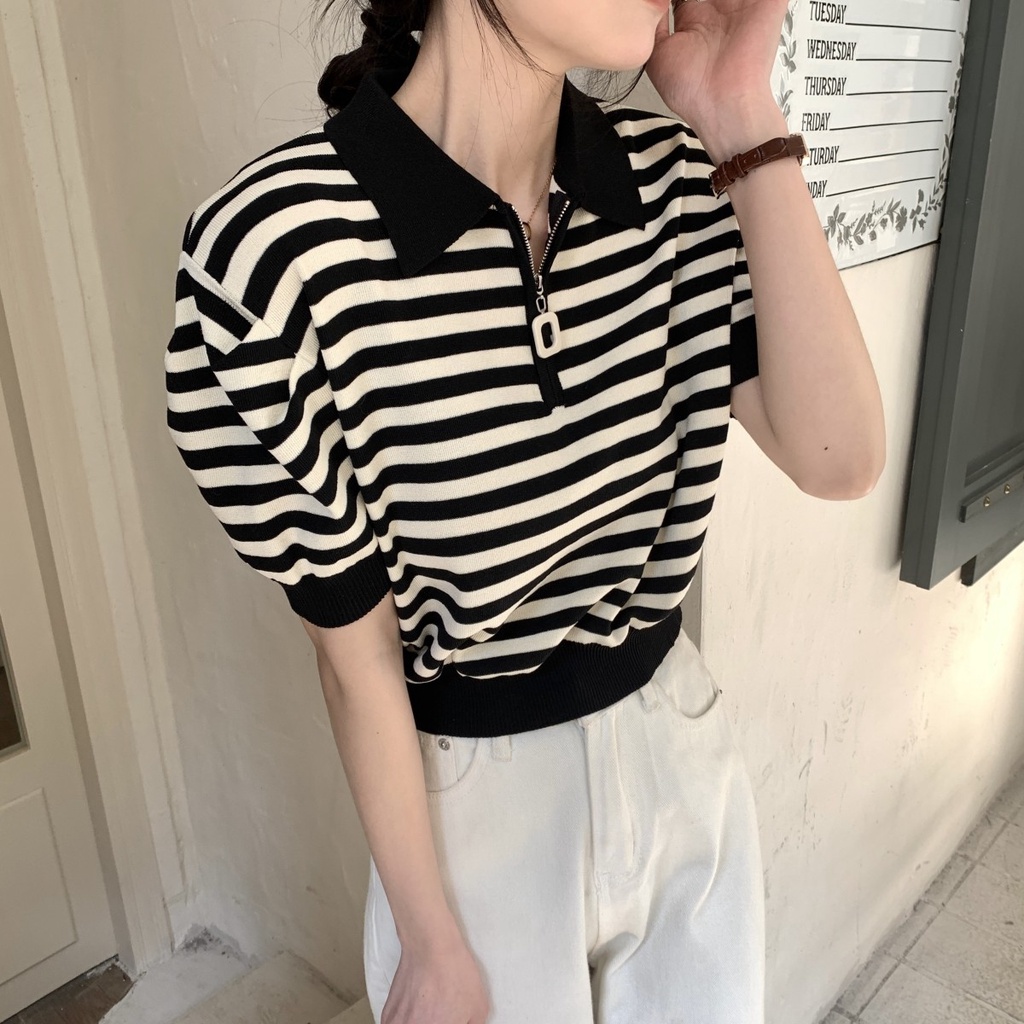 Áo thun polo NZN dệt kim ngắn tay họa tiết kẻ sọc cổ điển thời trang cho nữ