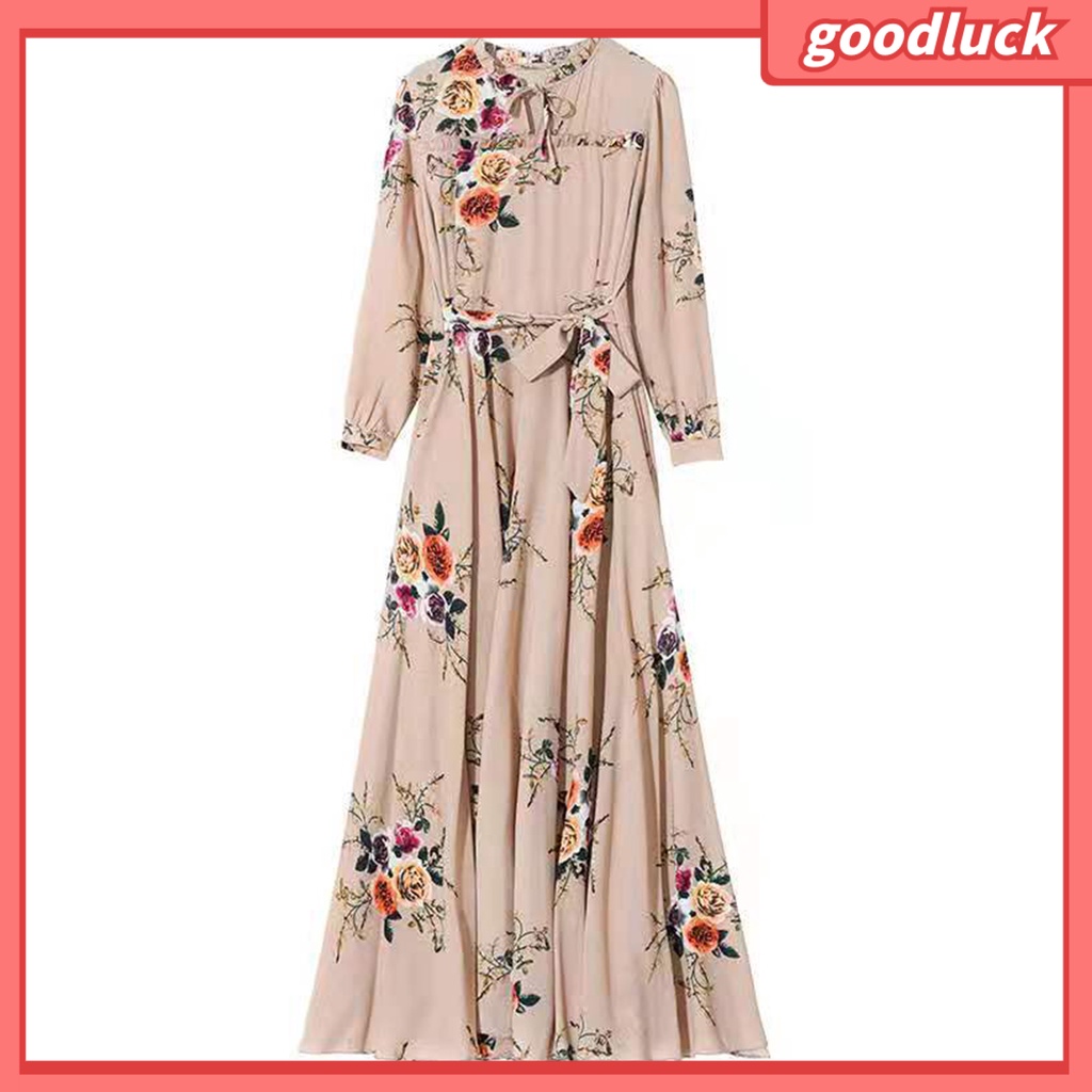 [ULK] Đầm Maxi Dáng Chữ A Tay Dài Dáng Rộng Buộc Dây Eo In Họa Tiết Hoa Cá Tính Cho Nữ