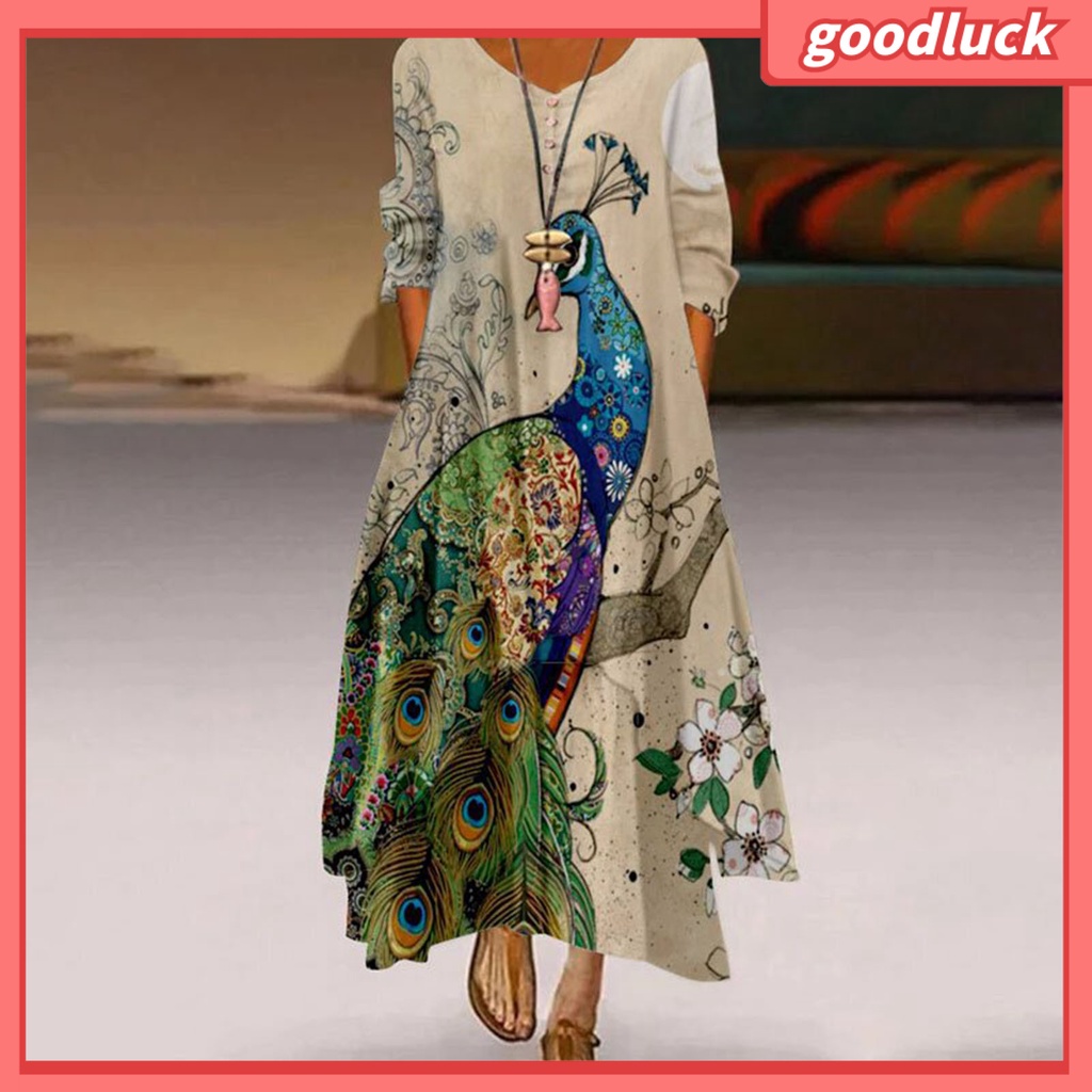 [ULK] Đầm Maxi Dáng Chữ A Dài Đến Mắt Cá Chân Dáng Chữ A Viền In Họa Tiết Chim Công Kiểu Dân Tộc Có Túi Và Đường