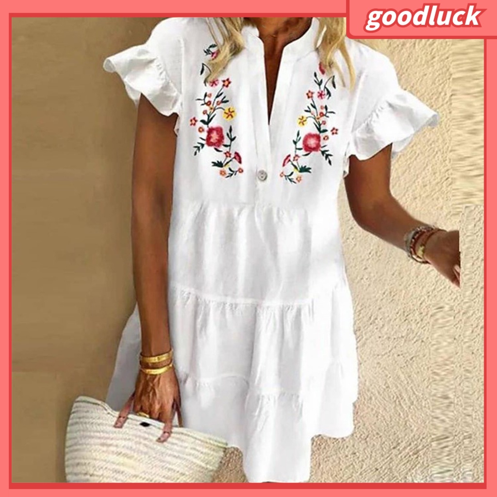 [ULK] Đầm Đi Biển Dáng Rộng Cổ Chữ V Vải Polyester In Hoa Phối Tua Rua Kiểu Vintage Tinh Tế Cho Nữ