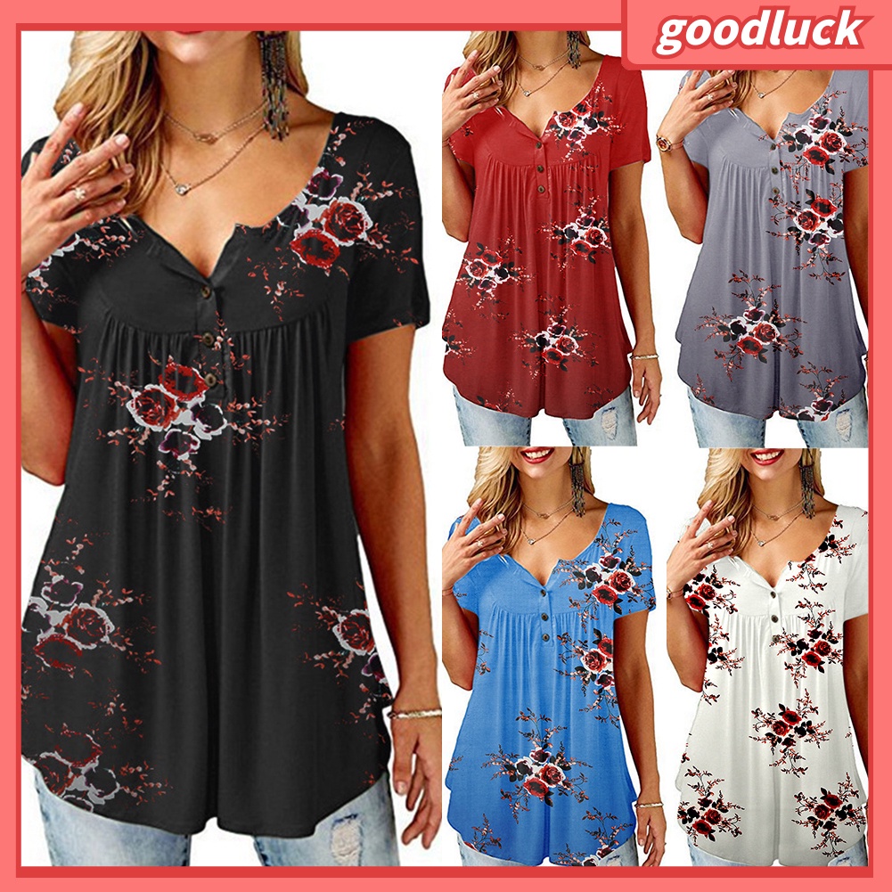 Áo Thun Ngắn Tay Cổ Chữ V In Hoa Phối Nút Thời Trang Nữ Tính