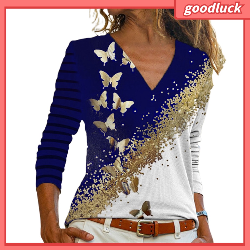 Áo Thun Nữ Tay Dài Cổ Chữ V In Hình Bướm Thời Trang