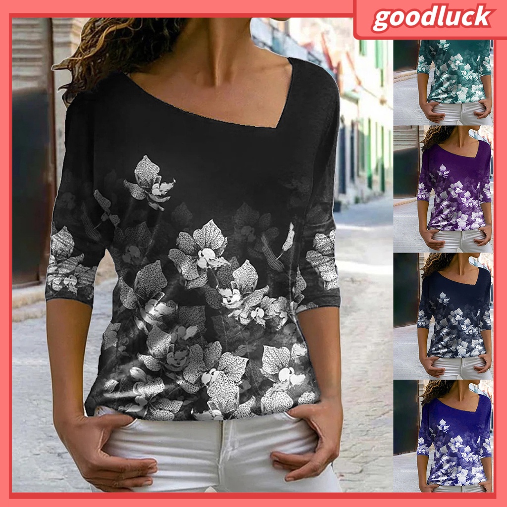 [ULK] Áo Sơ Mi Công Sở Dáng Rộng Mềm Mại In Hoa Chéo Cổ Điển Cho Nữ