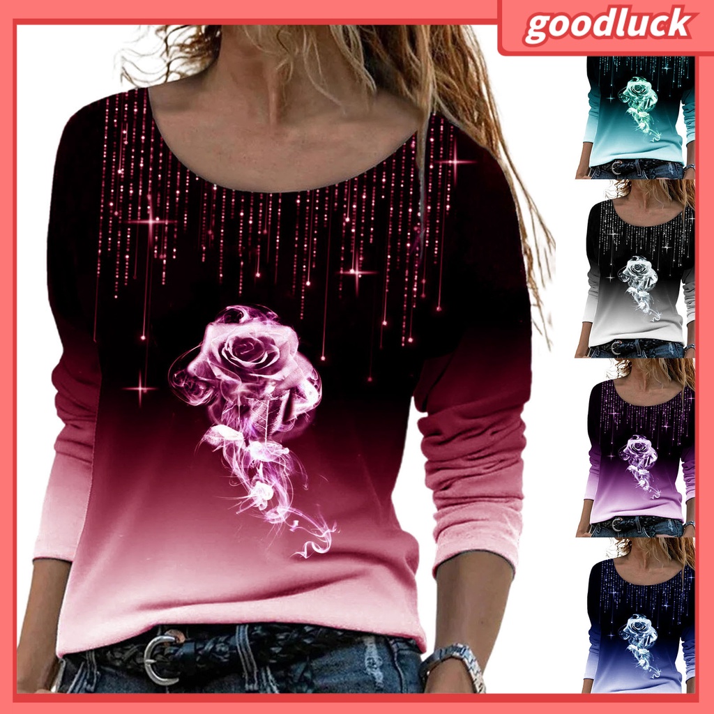 Áo Sơ Mi Tay Dài In Họa Tiết Hoa Hồng 3D Màu Sắc Gradient Dành Cho Nữ