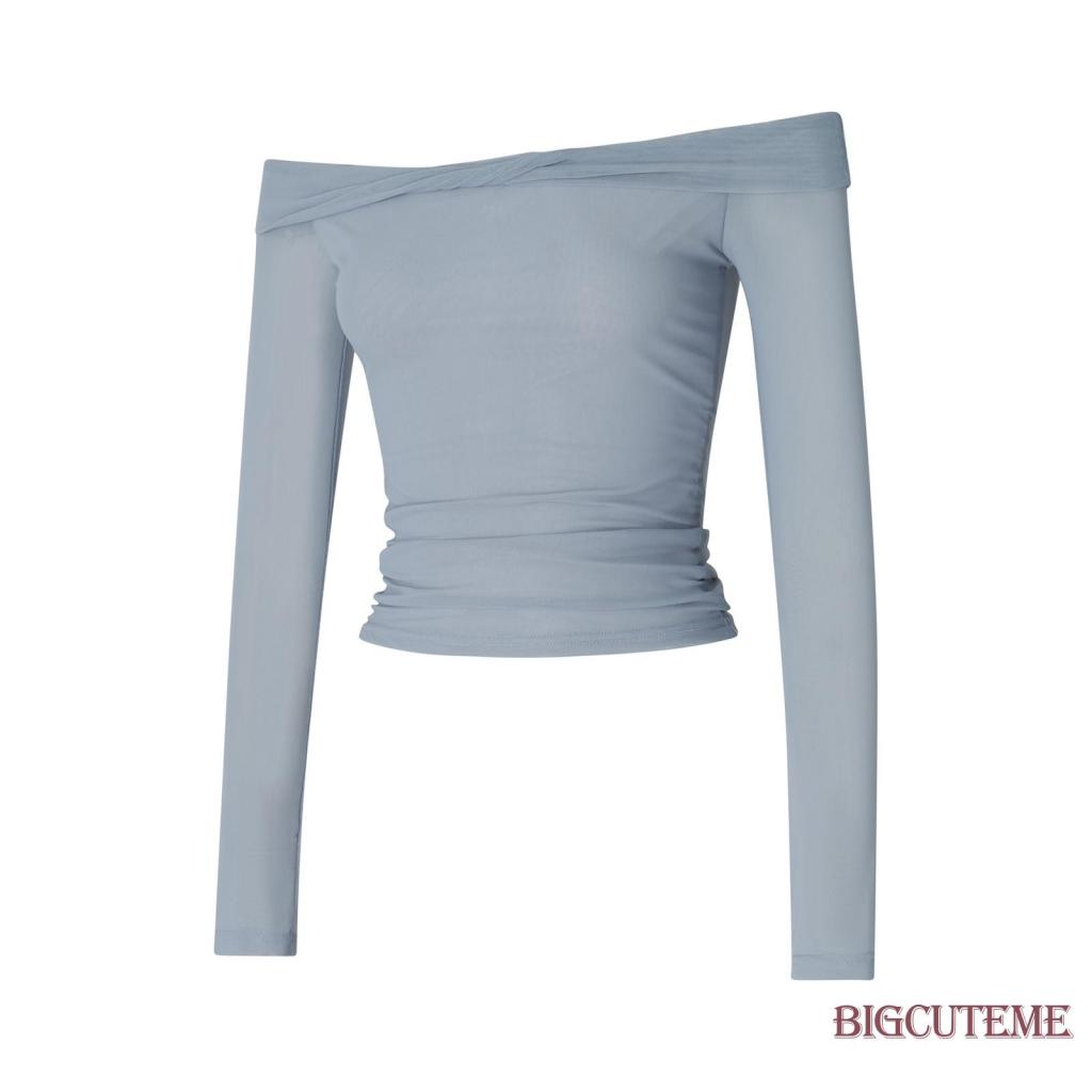 Áo Croptop Trễ Vai Tay Dài Màu Sắc Đơn Giản Cho Nữ