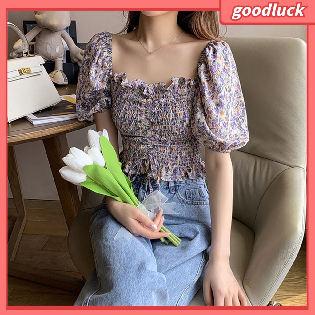 [ULK] Áo Crop Top Ngắn Tay Phồng Xếp Ly Co Giãn Cổ Vuông In Họa Tiết Hoa Vintage Mùa Hè Cho Nữ