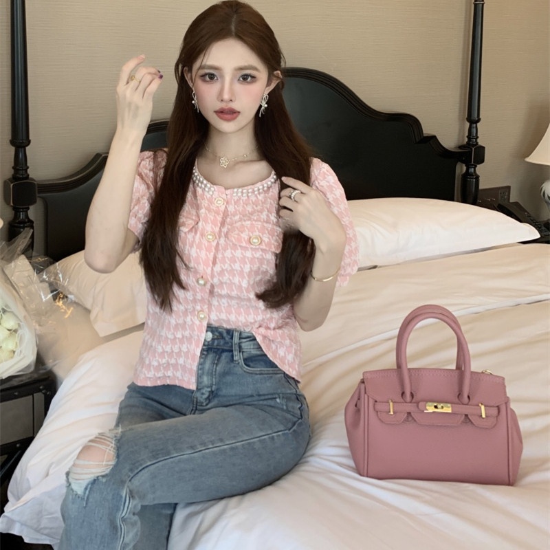 Áo Sơ Mi Tay Ngắn Cổ Tròn Họa Tiết Kẻ Sọc Thời Trang Mùa Hè Dễ Phối Đồ Cho Nữ