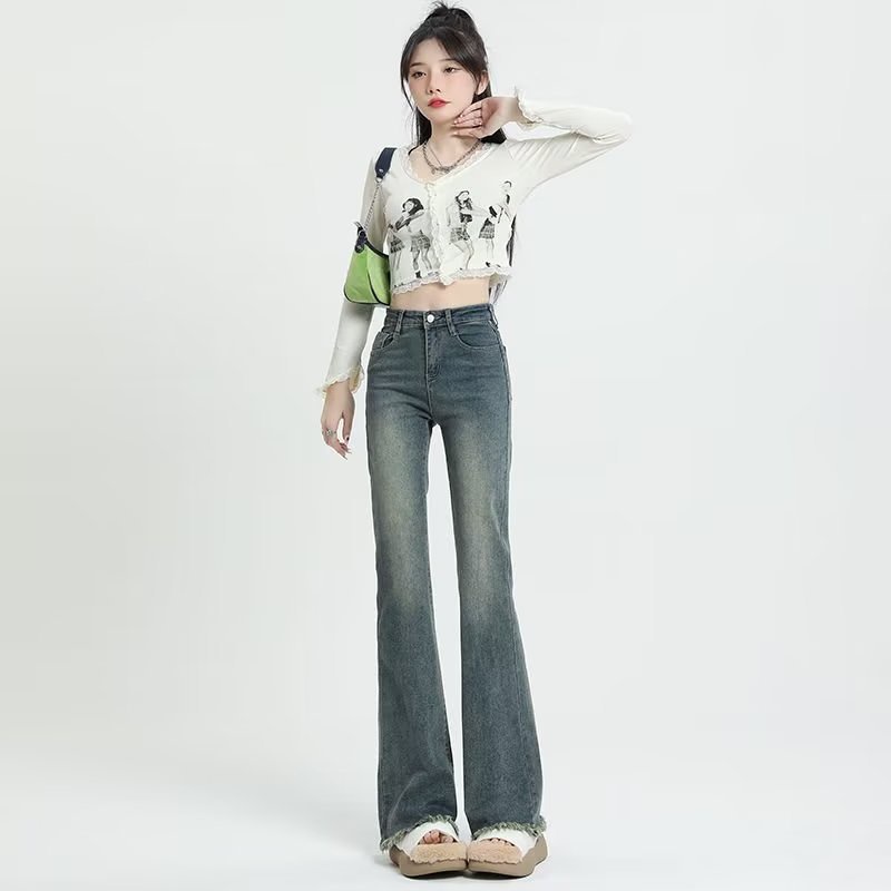 Quần jeans Nữ Lưng Cao Ống Loe Phối Lông Ngựa Thời Trang