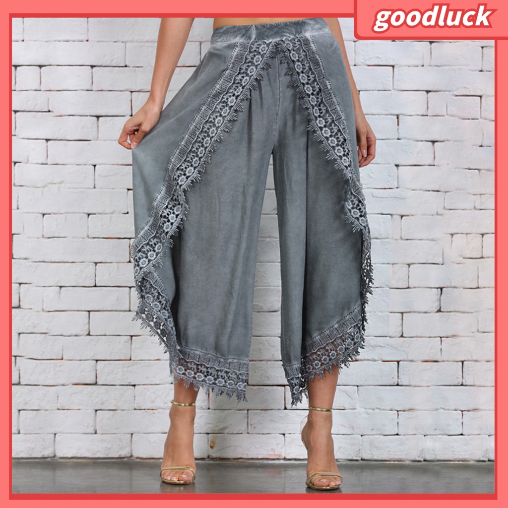 [ULK] Quần Harem Dài Ống Rộng Lưng Thun Phối Ren Màu Trơn Đơn Giản Cho Nữ