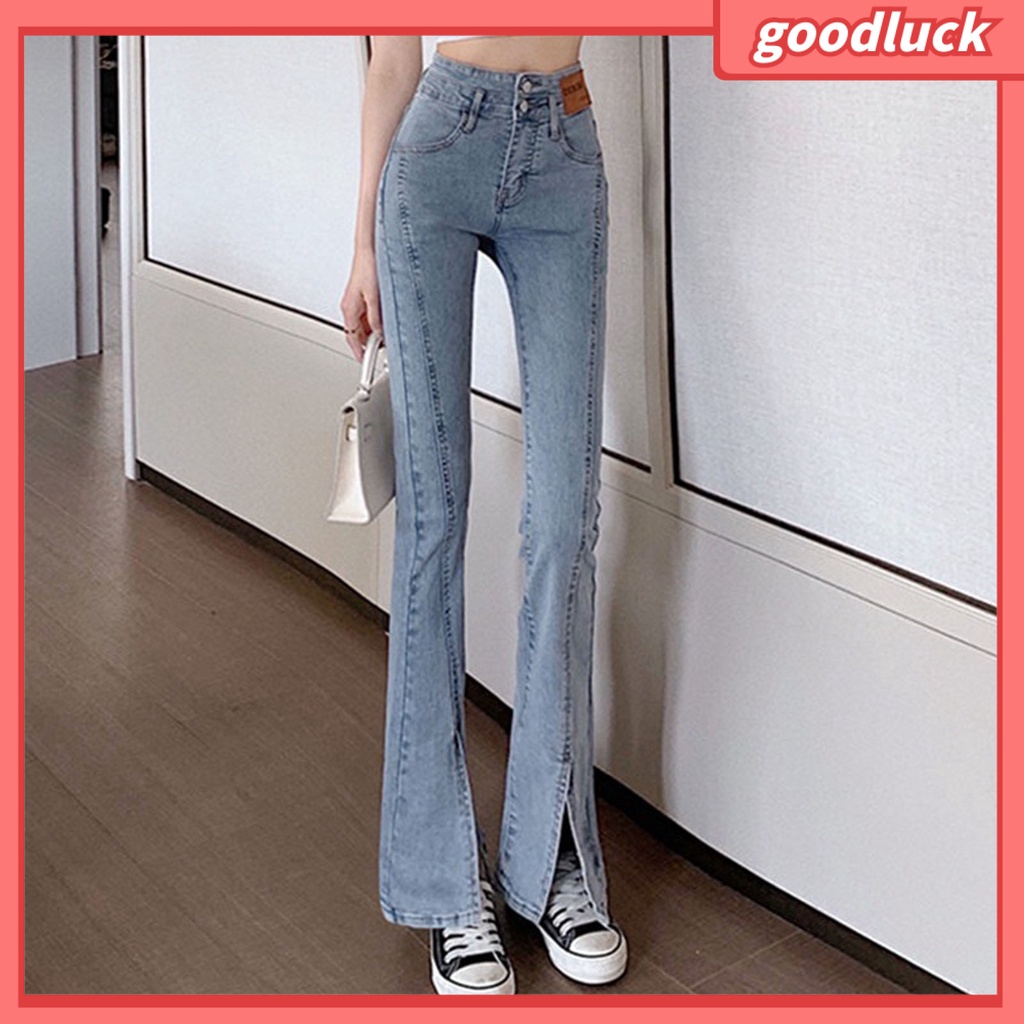 [ULK] Quần Denim Ống Loe Xẻ Tà Màu Trơn Lưng Cao Co Giãn Thời Trang Xuân Thu Đường Phố