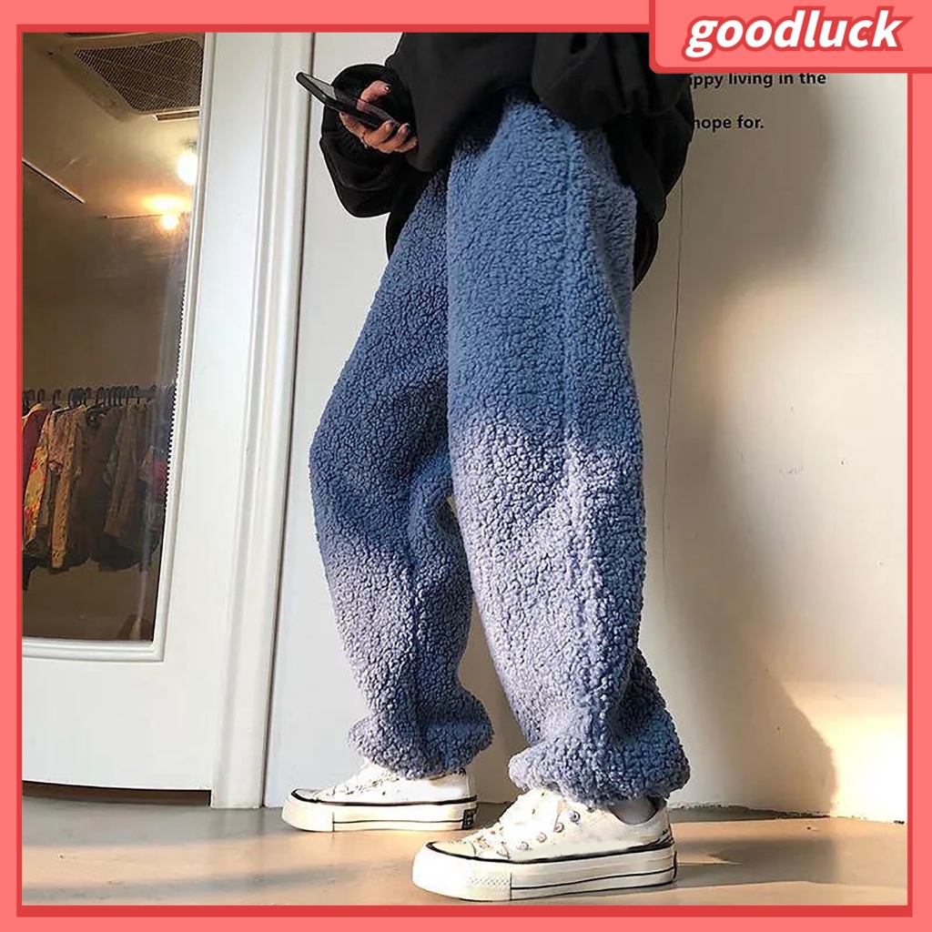 Quần Dài Dáng Suông Rộng Lưng Thun Giả Cashmere Dày Màu Trơn Thời Trang Thu Đông Cho Nữ