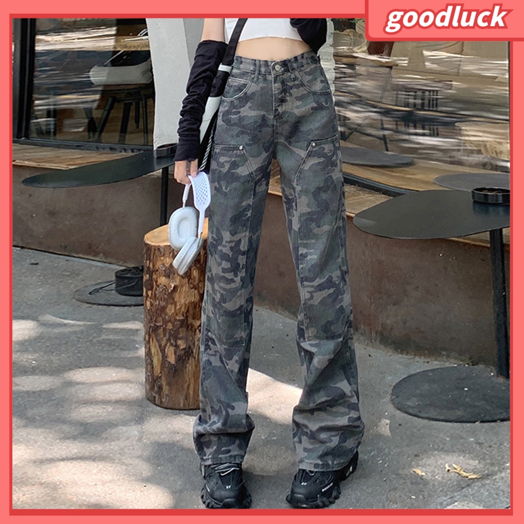 [ULK] Quần Denim Dáng Suông Lưng Cao Nhiều Túi Có Khóa Kéo In Họa Tiết Ngụy Trang Đường Phố Cho Nữ