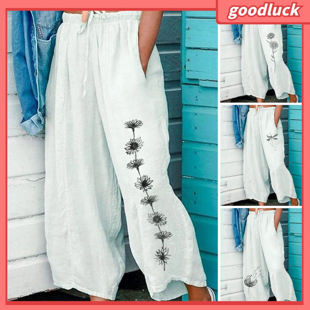 [ULK] Quần Cotton Lanh Ống Rộng Lưng Thun Phối Dây Rút In Họa Tiết Hoa Cổ Điển Cho Nữ
