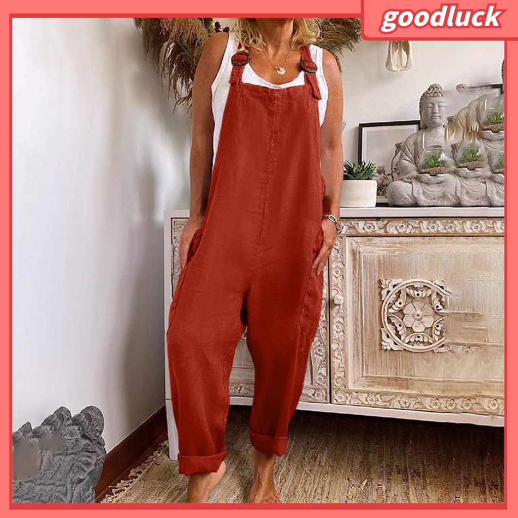 Bộ Áo Liền Quần Hai Dây Màu Trơn Ống Rộng Có Túi Tùy Chỉnh Thời Trang Cho Nữ