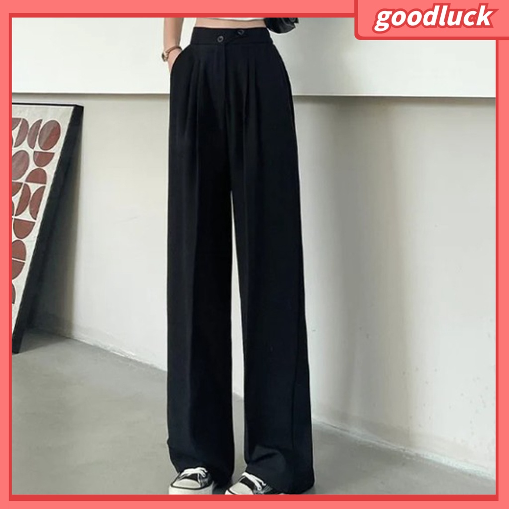 [ULK] Quần ống rộng Lưng Thun Màu Trơn Cài Nút Thời Trang Đường Phố Mùa Hè Cho Nữ