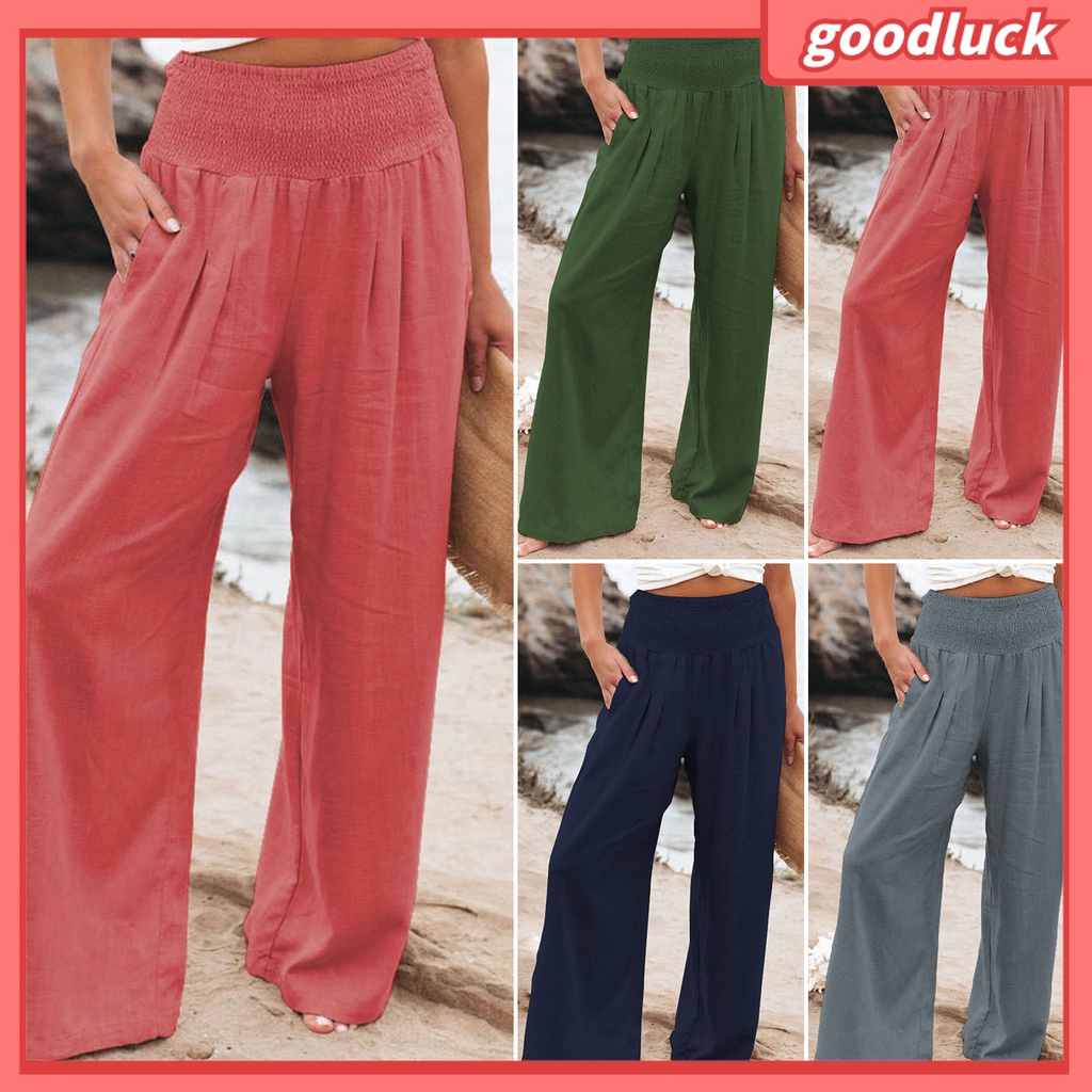 Quần Dài Màu Trơn Ống Rộng Phối Túi Thời Trang Đi Biển Mùa Hè Cho Nữ