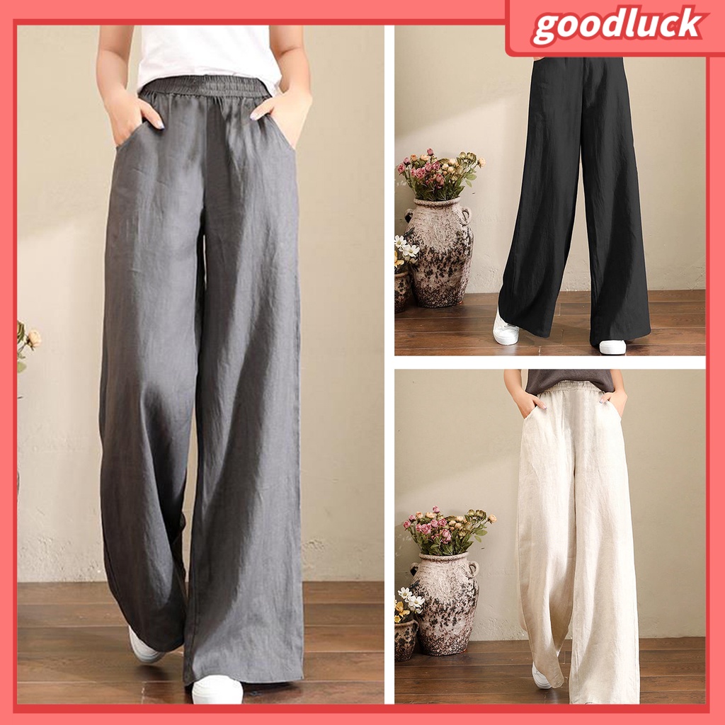 Quần ống rộng Dáng Suông Lưng Thun Màu Trơn Thời Trang Mùa Hè Cho Nữ