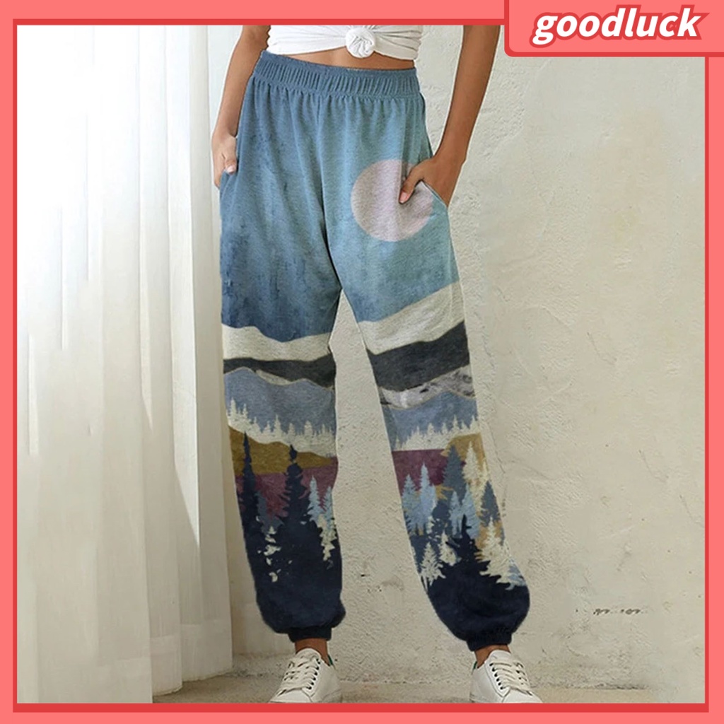 Quần Thể Thao Lưng Cao Ống Rộng Có Túi In Hình Phong Cảnh Thời Trang Cho Nữ