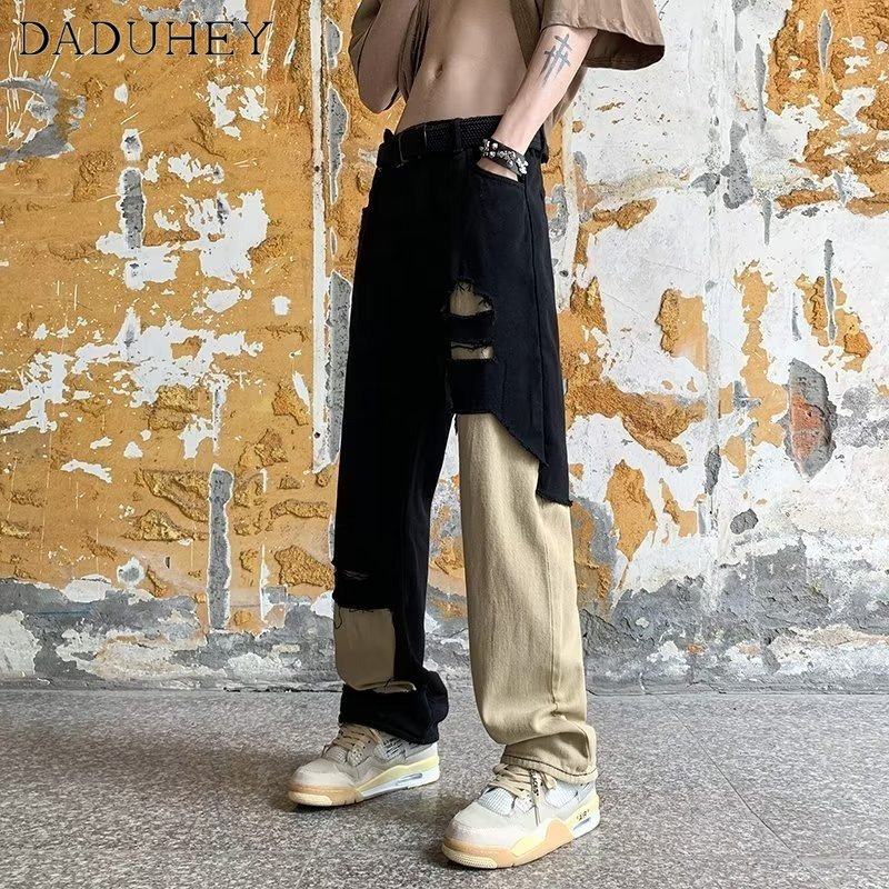 DaDuHey Men's Hong Kong Style Hong Kong Style High Street Fashionable Hip Hop Ins Patchwork Casual Pants 2023 New Summer Fashion Ripped Cool Jeans