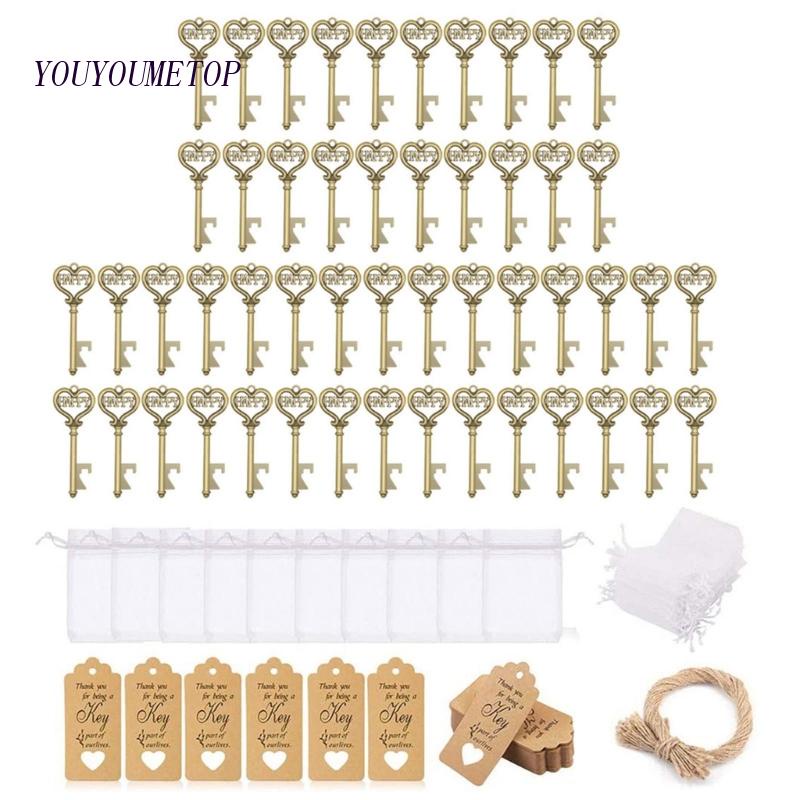 Bộ 50 Chìa Khóa Mở Nắp Chai Có Chữ Thank You Kèm Túi Đựng Phong Cách Vintage