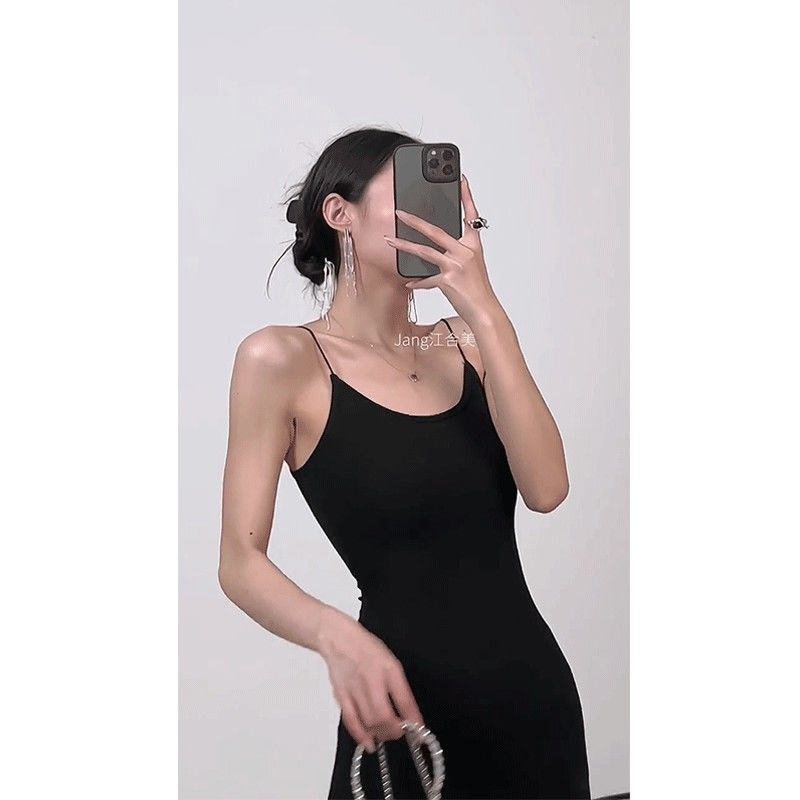 Đầm Hai Dây Ôm Dáng Vừa Vặn Màu Đen Trơn Phong Cách Pháp Thời Trang Xuân Hè Cho Nữ