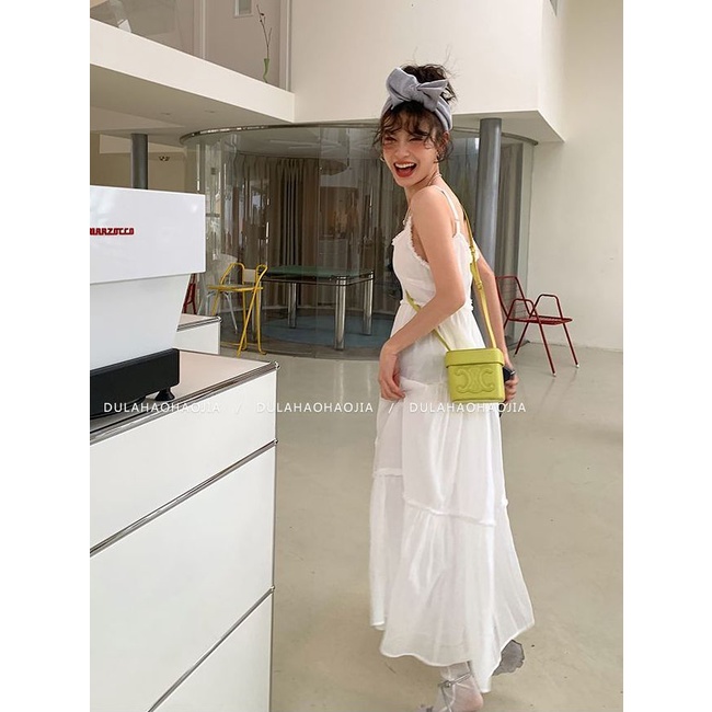 [F &amp; X] Đầm Hai Dây Dáng Dài Màu Trắng Siêu Dài Lưng Cao Phong Cách Mori Trẻ Trung Thời Trang Xuân Hè