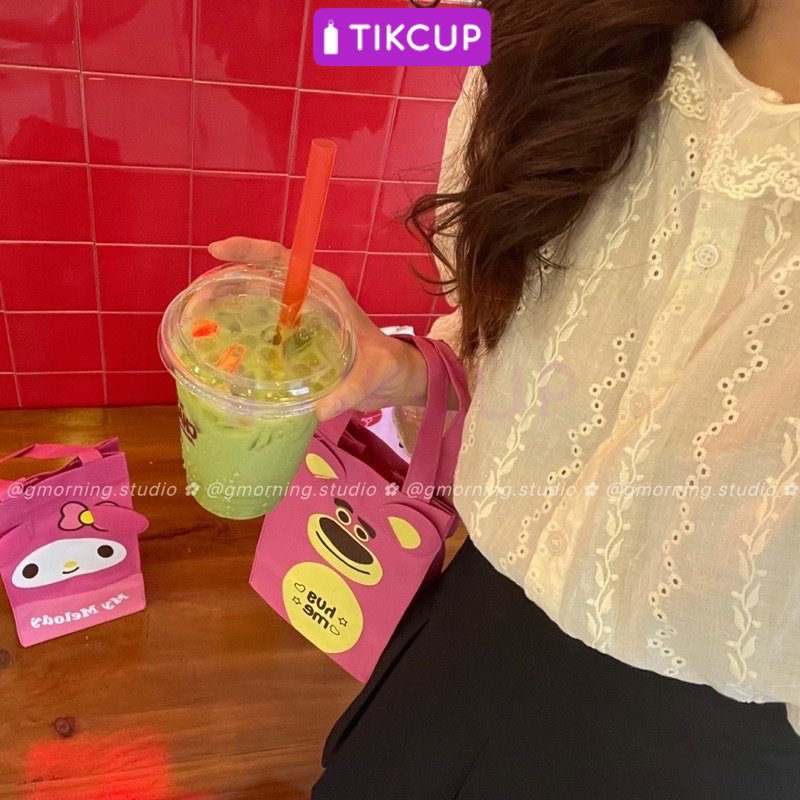 TIKCUP Túi đựng Bình Giữ Nhiệt Hình Gấu Dâu Lotso Dễ Thương - Túi Vải đựng Bình Nước, để Ly Hoạ Tiết Gấu Hồng Lotso