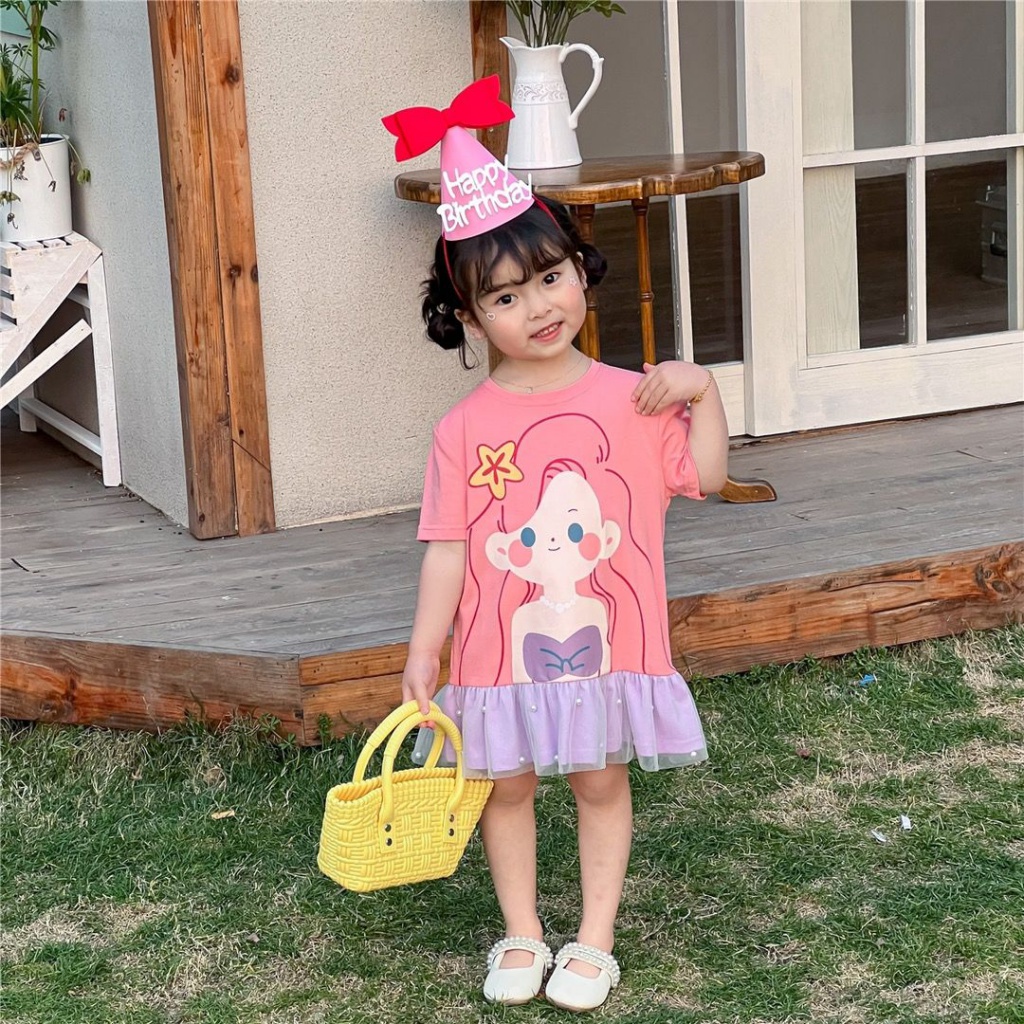 Đầm Công Chúa Mùa Hè Tay Cộc Dáng Suông Phối Lưới In Họa Tiết Hoạt Hình