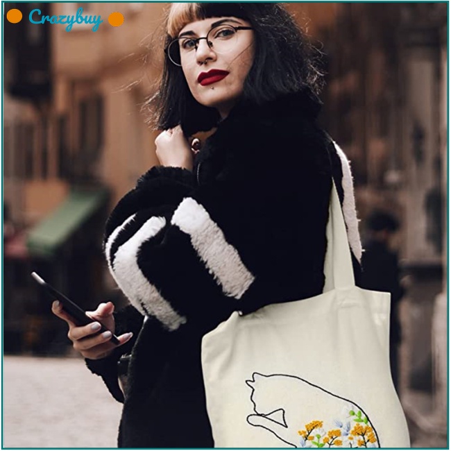 Cr Túi Canvas Cotton Đeo Chéo Thêu Họa Tiết Hòa Tan Trong Nước Kích Thước 34 X 40Cm Thời Trang Cho Người Mới Bắt Đầu
