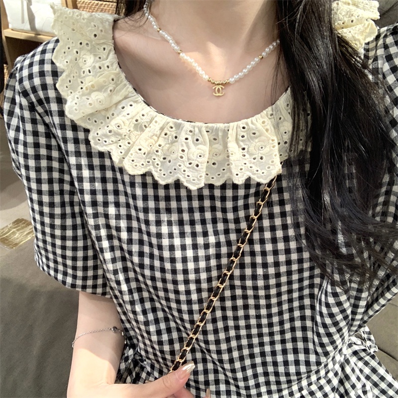 Đầm Dài Tay Ngắn Cổ Tròn Lưng Cao Họa Tiết Sọc Caro Thời Trang Cho Nữ