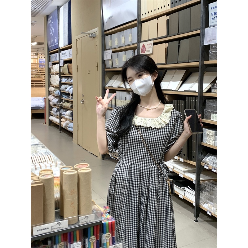 Đầm Dài Tay Ngắn Cổ Tròn Lưng Cao Họa Tiết Sọc Caro Thời Trang Cho Nữ