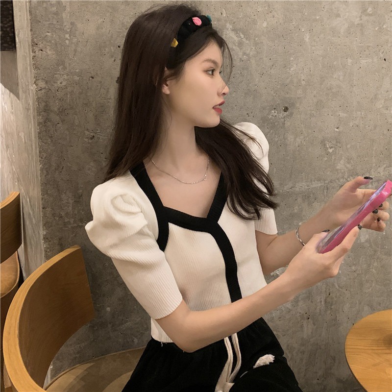 NZN Áo Thun Dệt Kim Tay Ngắn Cổ Chữ V Màu Đen Phong Cách vintage Dành Cho Nữ