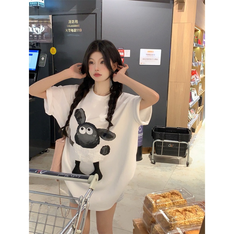 Áo Thun Lông Cừu Cổ Tròn In Họa Tiết Ba Chiều Dáng Rộng Thời Trang Cho Nữ