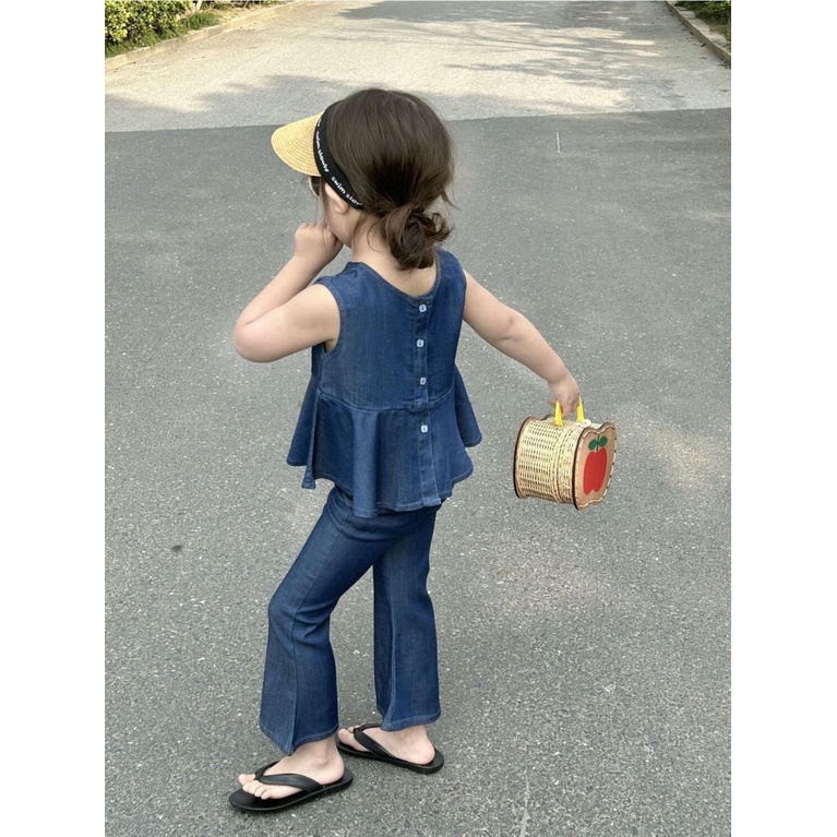 Bộ Áo Không Tay Phối Bèo + Quần Denim Thời Trang Mùa Hè Cho Bé Gái