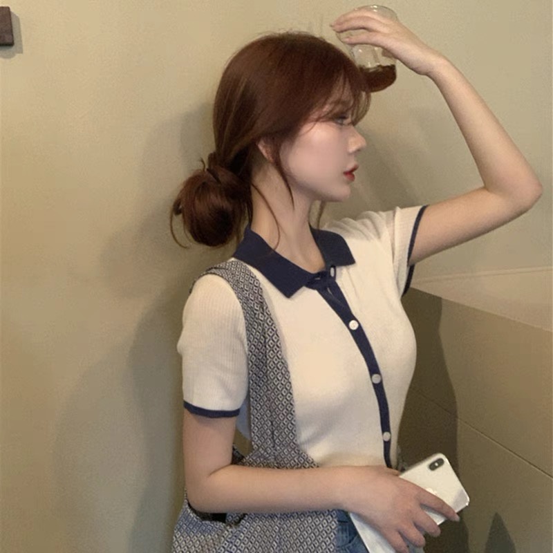 [Hàng Quảng Châu]SP429 Áo len nữ polo cộc tay phối màu trang trọng