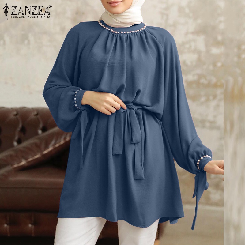 Zanzea Áo Nữ Dài Tay Cổ Đính Ngọc Trai Giả Thời Trang