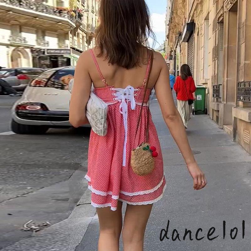 Đầm Ngắn Không Tay Hở Lưng Cột Dây Họa Tiết Kẻ Ô Mùa Hè Cho Nữ 1O1