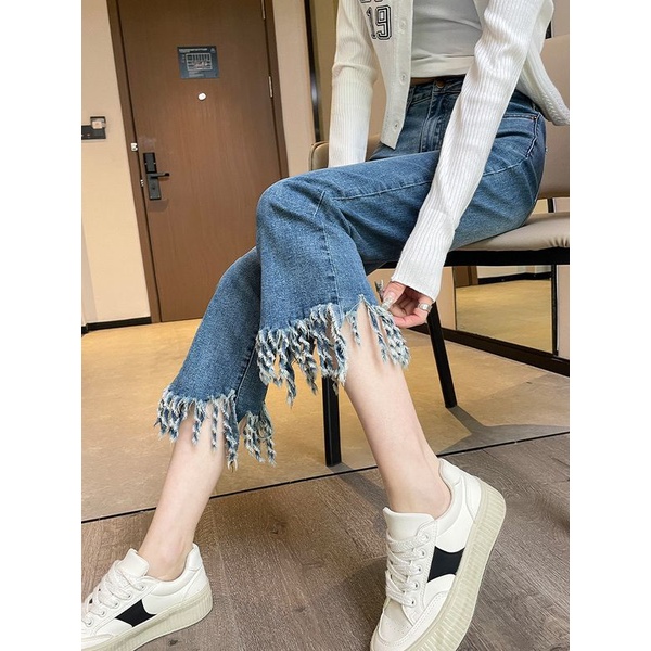 Hàng Có Sẵn Quần Jean Nữ Thẳng Lưng Cao Phối Tua Rua Phong Cách Mới 2023