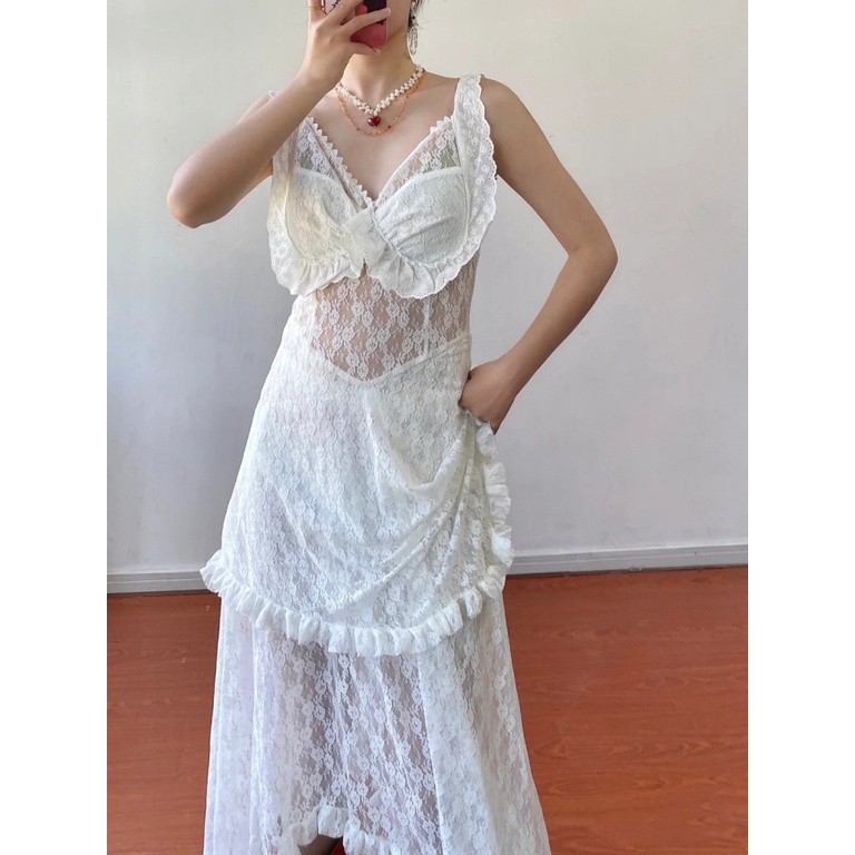 Đầm Hai Dây Phối Ren Dáng Dài Thời Trang Đi Biển Quyến Rũ Cho Nữ