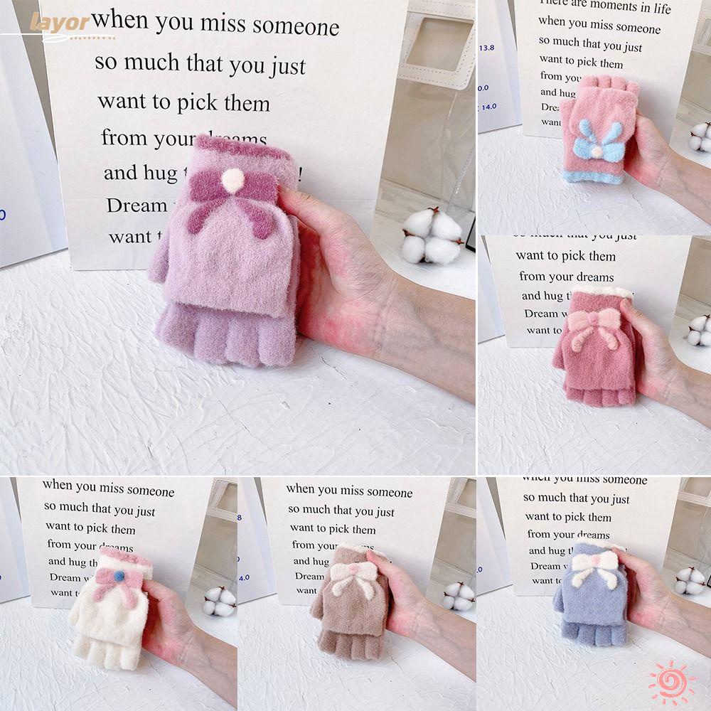 Găng Tay Dệt Kim Hở Ngón Đính Nơ Ấm Áp Thời Trang Thu Đông