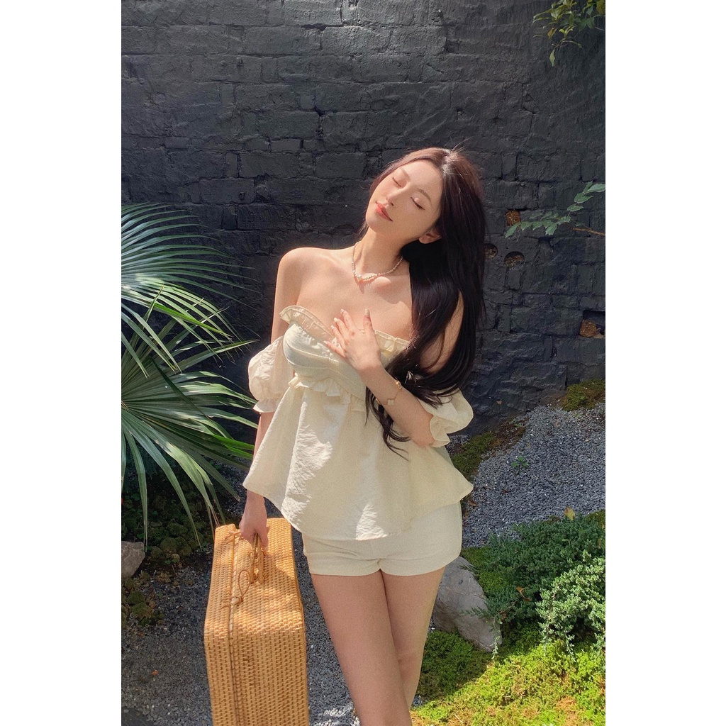 Áo Kiểu Tay Phồng Ngắn Hở Vai Thời Trang Mùa Hè Hàn Quốc Cho Nữ
