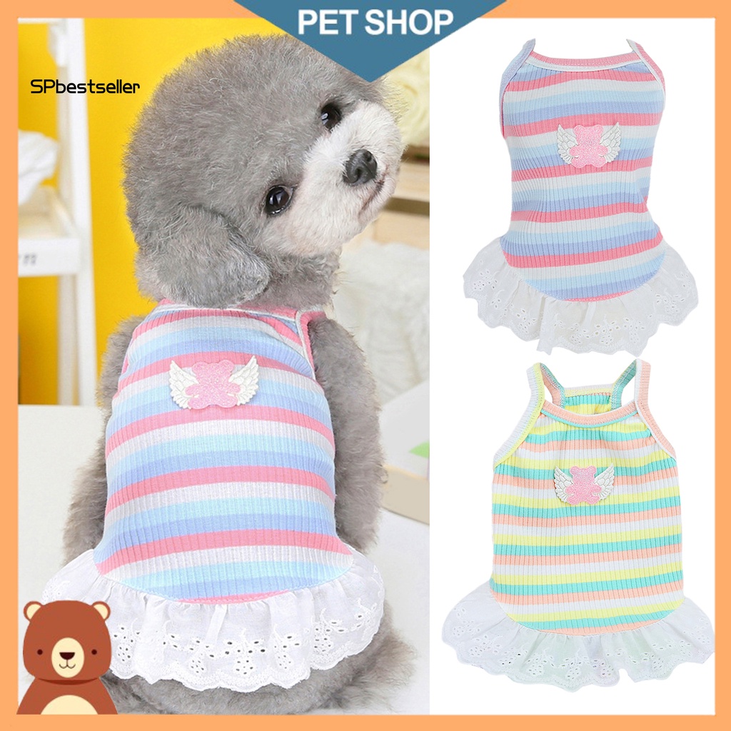 Spbestsellkr Đầm Công Chúa Chất Liệu Cotton Viền Ren Họa Tiết Kẻ Sọc Nhiều Màu Sắc Trang Trí Cánh Dành Cho Thú Cưng