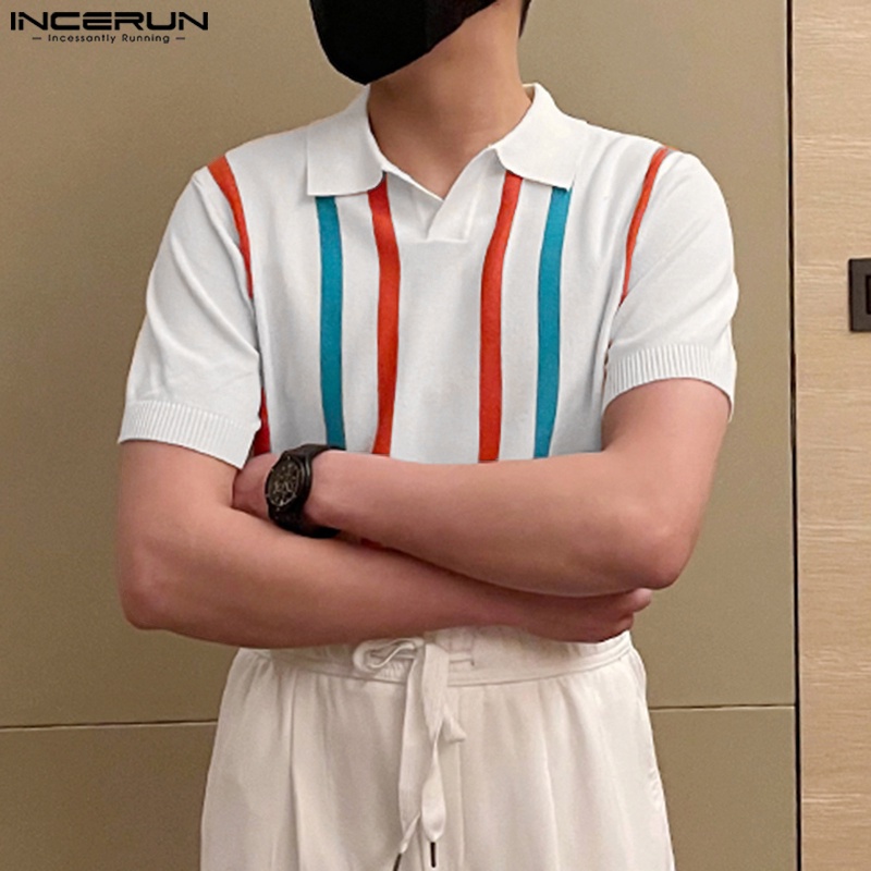 INCERUN Áo Thun POLO Tay Ngắn Kẻ Sọc Nhiều Màu Sắc Cá Tính Thời Trang Cho Nam