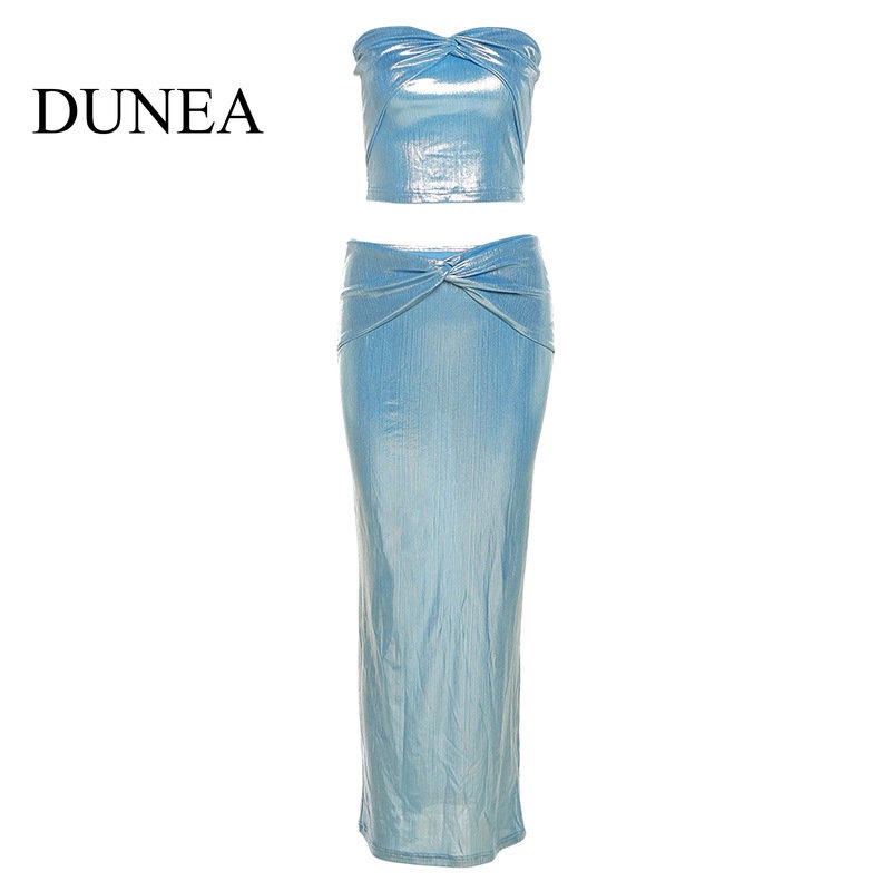 DUNEA Set Áo Trễ Vai + Chân Váy Họa Tiết Lấp Lánh Thời Trang Quyến Rũ Cho Nữ