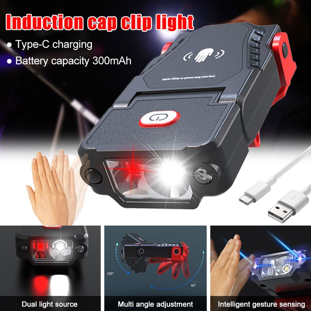 Headlight Led Cob Clip On Cap Light Waterproof Hands-Free Hat Sensor Adjustable Fishing Headlamp With Redning [Q/7]