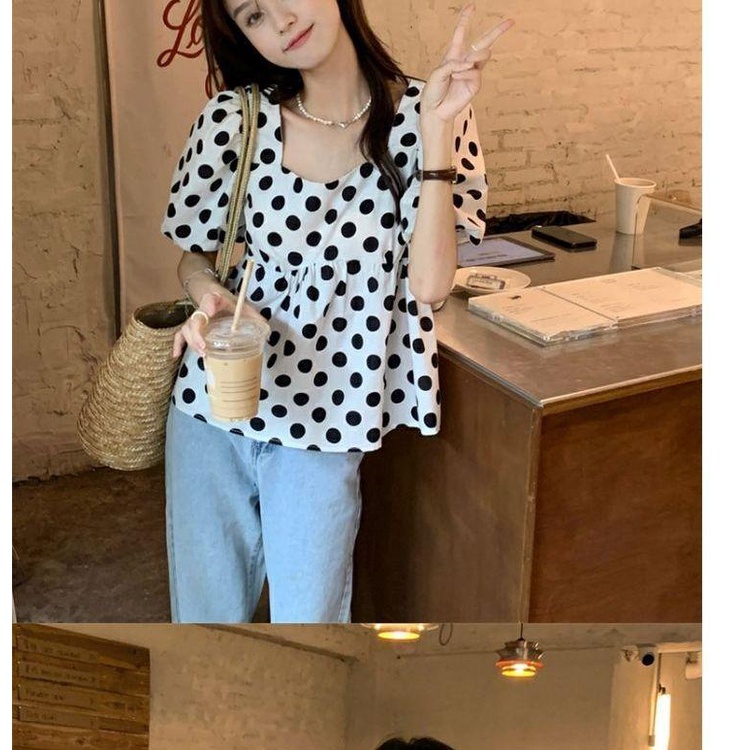 Áo Kiểu Tay Phồng Họa Tiết Chấm Bi Phong Cách Pháp Ngọt Ngào Thời Trang Mùa Hè